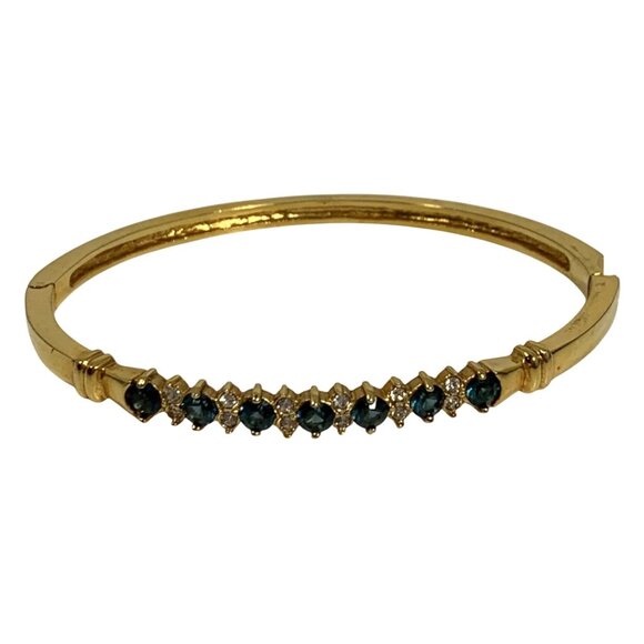 Elegant Gold-Plated Hinged Bangle Bracelet With Blue + Clear Gemstones - Picture 1 of 6